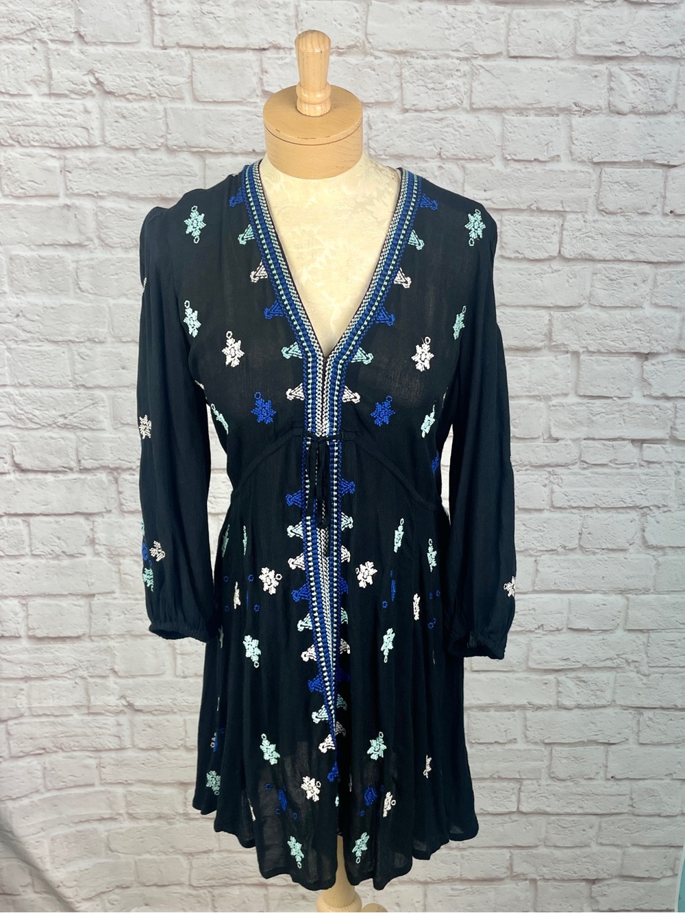 Free People Star Gazer Black Embroidered Black Flowy Mini Dress Size M